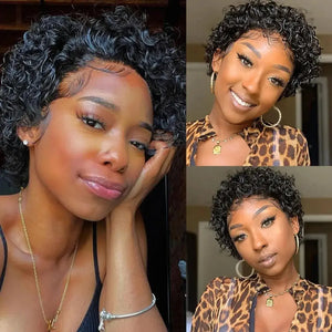 (Hera) 8-Inch Kinky Curly Pixie Bob Human Hair Wig, 13x6x1 Transparent Lace Front, Brazilian Remy