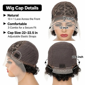 (Hera) 8-Inch Kinky Curly Pixie Bob Human Hair Wig, 13x6x1 Transparent Lace Front, Brazilian Remy