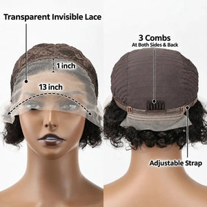 (Hera) 8-Inch Kinky Curly Pixie Bob Human Hair Wig, 13x6x1 Transparent Lace Front, Brazilian Remy