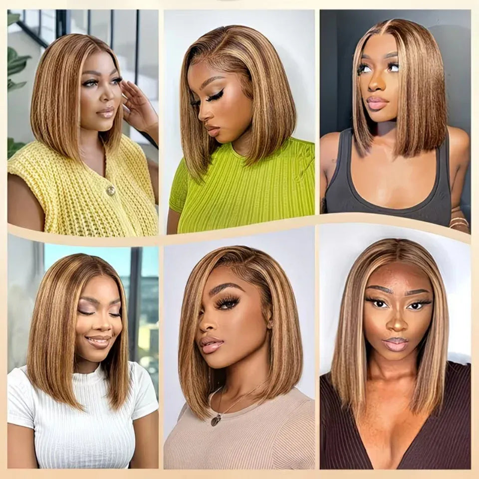Highlight 4/27 Bob Wig Human Hair 13x6 HD Lace Front Wigs Human Hair Pre Plucked 200% Density Invisible Knots Ombre Straight Lace Front Bob Wigs for Women