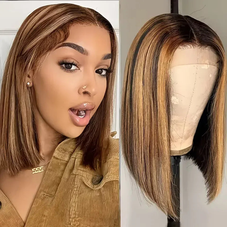 Highlight 4/27 Bob Wig Human Hair 13x6 HD Lace Front Wigs Human Hair Pre Plucked 200% Density Invisible Knots Ombre Straight Lace Front Bob Wigs for Women