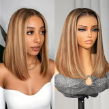 Highlight 4/27 Bob Wig Human Hair 13x6 HD Lace Front Wigs Human Hair Pre Plucked 200% Density Invisible Knots Ombre Straight Lace Front Bob Wigs for Women