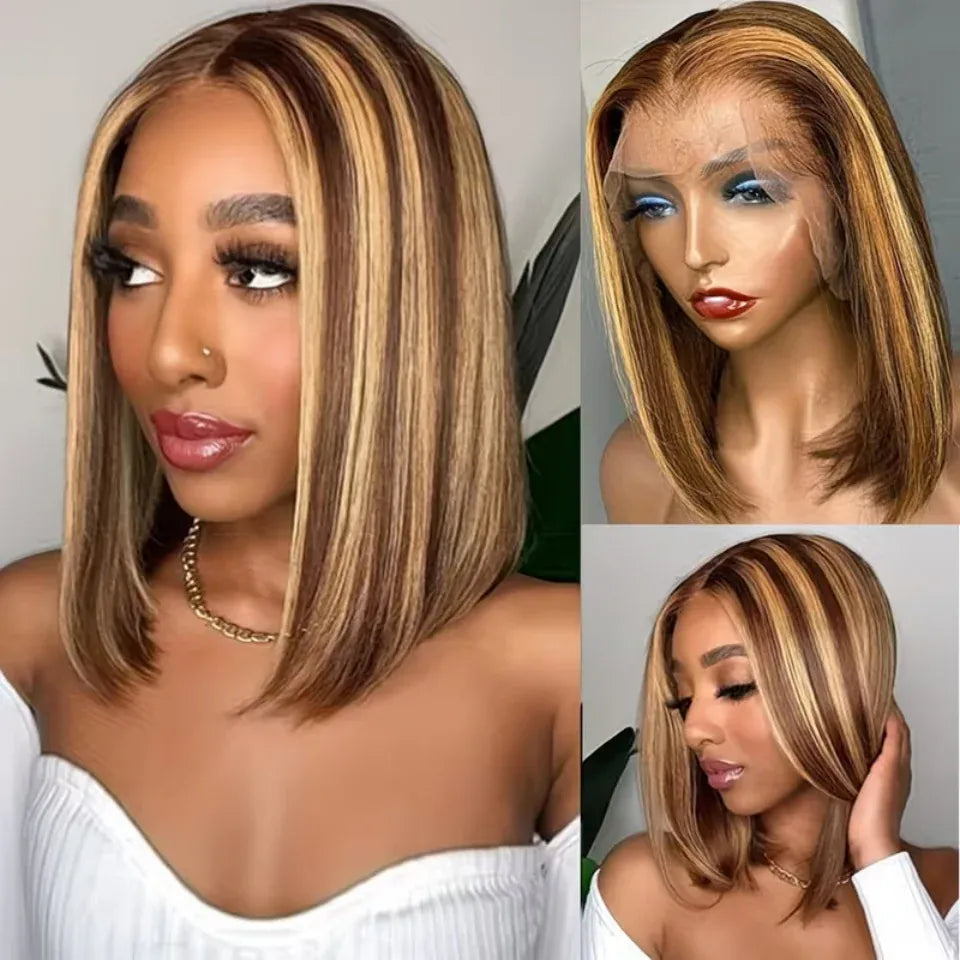 Highlight 4/27 Bob Wig Human Hair 13x6 HD Lace Front Wigs Human Hair Pre Plucked 200% Density Invisible Knots Ombre Straight Lace Front Bob Wigs for Women