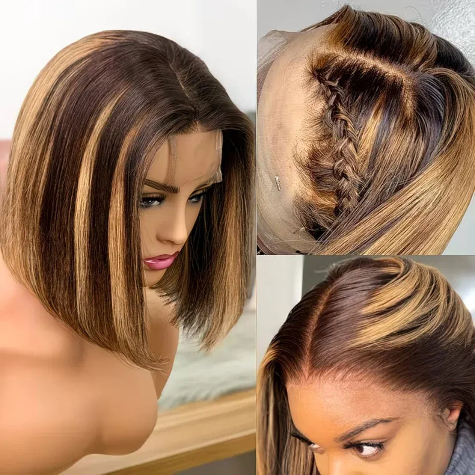 Highlight 4/27 Bob Wig Human Hair 13x6 HD Lace Front Wigs Human Hair Pre Plucked 200% Density Invisible Knots Ombre Straight Lace Front Bob Wigs for Women