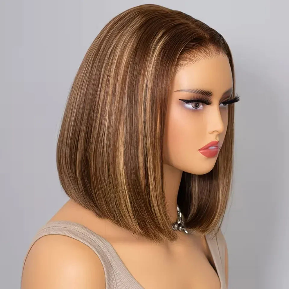 Highlight 4/27 Bob Wig Human Hair 13x6 HD Lace Front Wigs Human Hair Pre Plucked 200% Density Invisible Knots Ombre Straight Lace Front Bob Wigs for Women