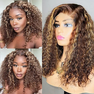 Highlight Ombre Deep Wave Bob Human Hair Wig 13x4 HD Lace Front Brazilian Hair 200% Density Pre-Plucked