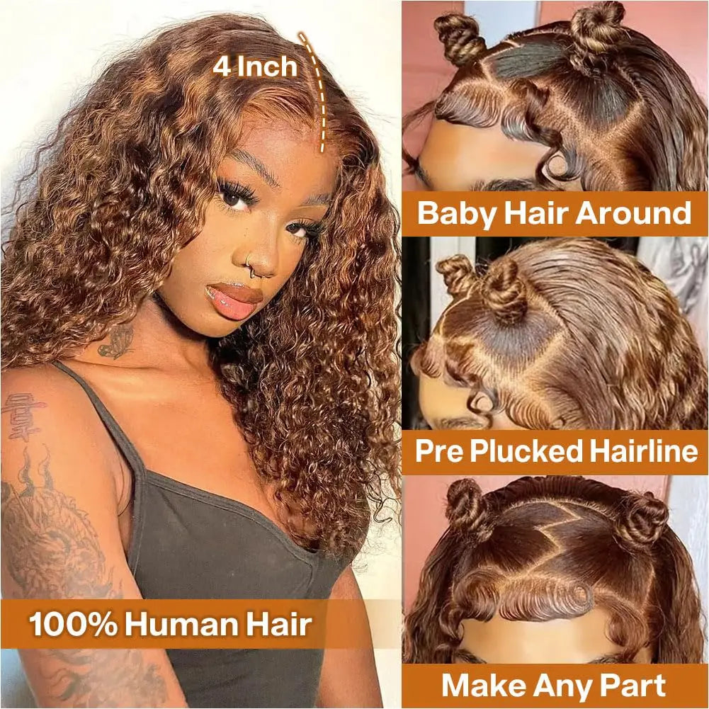 Highlight Ombre Deep Wave Bob Human Hair Wig 13x4 HD Lace Front Brazilian Hair 200% Density Pre-Plucked