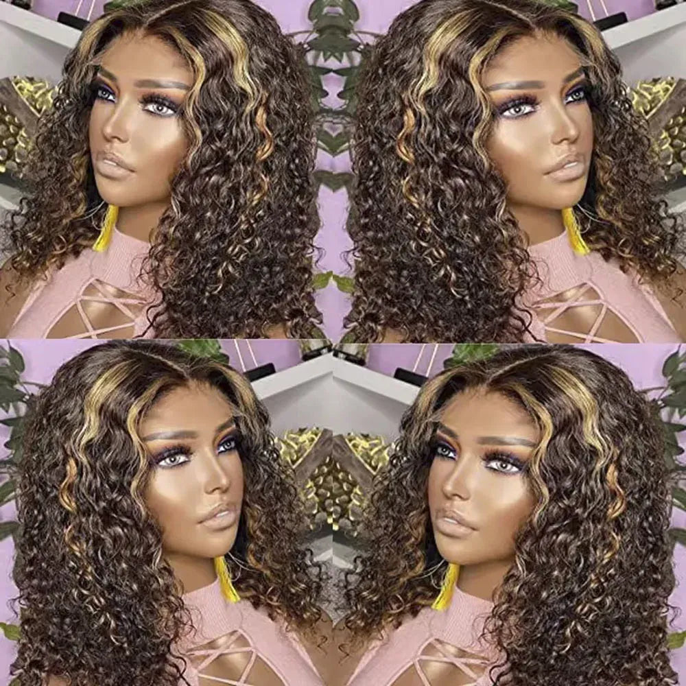 Highlight P4/27 Curly Bob Wigs 13x4 Lace Front Wig Brazilian Remy Human Hair Wigs Ombre Brown Deep Wave Short Bob Wig for Women