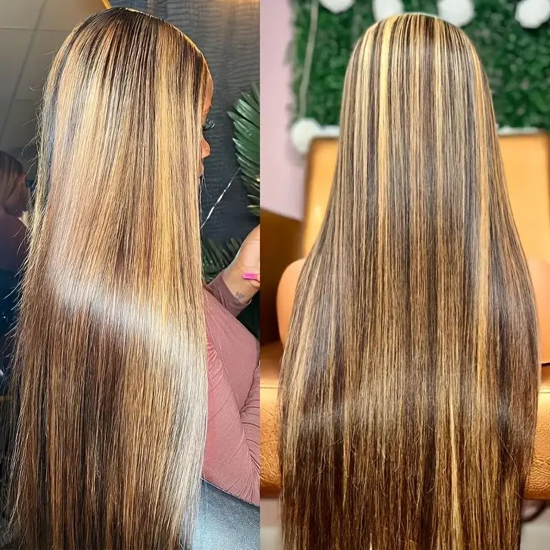 13x4 HD lace highlight wig, 250% density straight human hair wig for women in honey blonde 4/27 tones