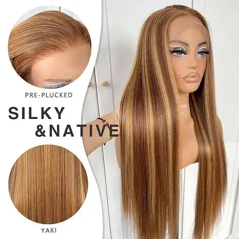 13x4 HD lace highlight wig, 250% density straight human hair wig with honey blonde highlights for women