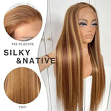 13x4 HD lace highlight wig, 250% density straight human hair wig with honey blonde highlights for women