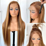 13x4 HD lace highlight human hair wig, 250% density, straight honey blonde lace front for women
