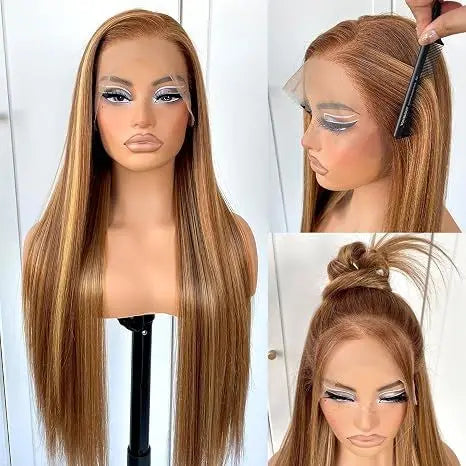 13x4 HD lace highlight human hair wig, 250% density, straight honey blonde lace front for women