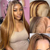 13x4 HD lace highlight human hair wig, 250% density, straight honey blonde frontal for women