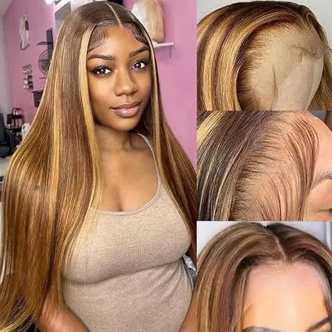 13x4 HD lace highlight human hair wig, 250% density, straight honey blonde frontal for women