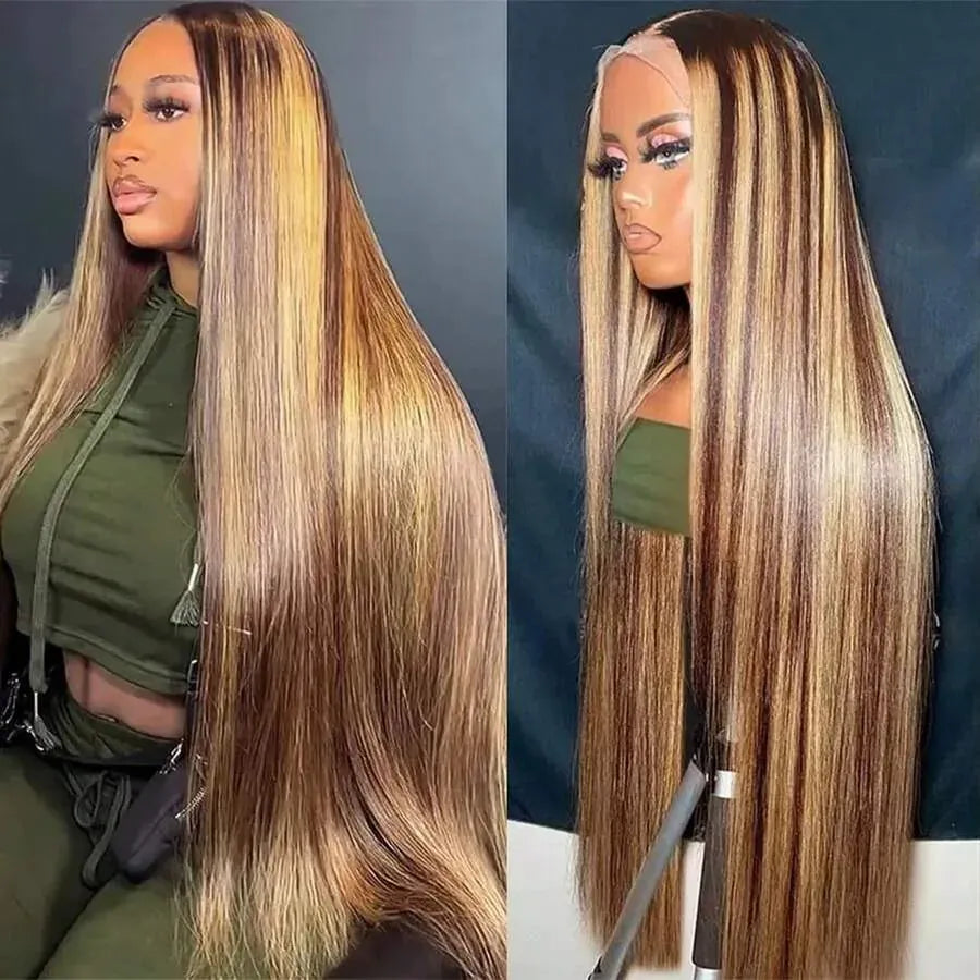 13x4 HD lace highlight wig, 250% density straight human hair wig in honey blonde, 16-inch style for women