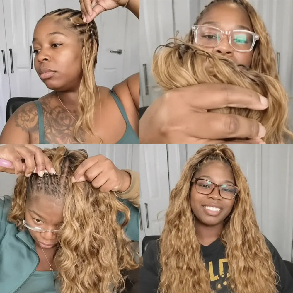 Honey Blonde #27 Body Wave Crochet Human Hair Extensions Feather Miracle Knots Pre Separated Invisible Knotless Braiding Hair  Natural Wavy Soft Lightweight Quick Install Reusable Boho Hairstyle For Women