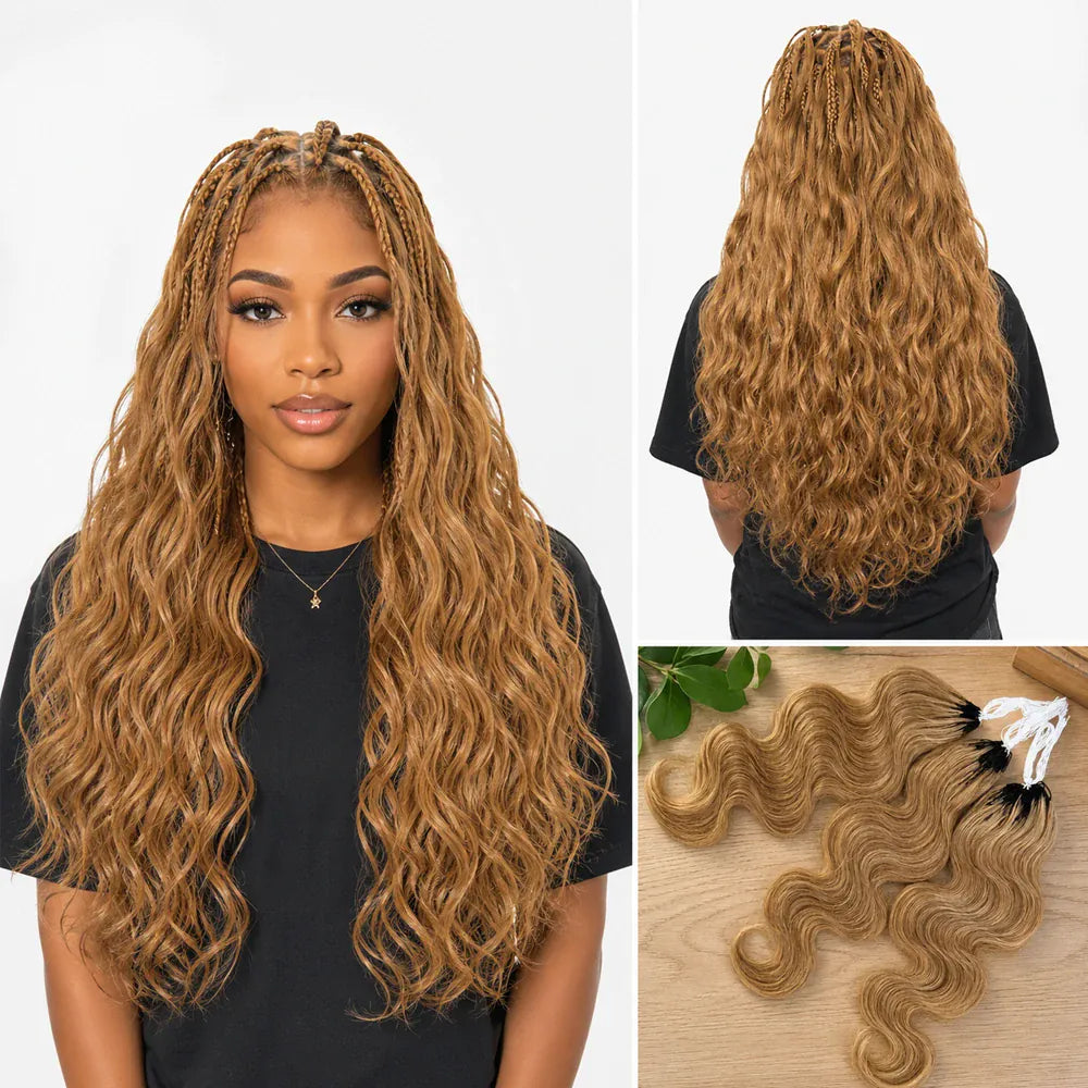 Honey Blonde #27 Body Wave Crochet Human Hair Extensions Feather Miracle Knots Pre Separated Invisible Knotless Braiding Hair  Natural Wavy Soft Lightweight Quick Install Reusable Boho Hairstyle For Women