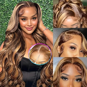 Honey Blonde Ombre Body Wave Human Hair HD Lace Front Wig 13x4 or 5x5, 4/27 Highlight, Glueless, 18-30 Inch, 200%-250% Density