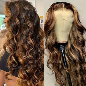Honey Blonde Ombre Body Wave Human Hair HD Lace Front Wig 13x4 or 5x5, 4/27 Highlight, Glueless, 18-30 Inch, 200%-250% Density