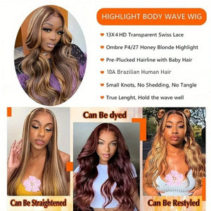 Honey Blonde Ombre Body Wave Human Hair HD Lace Front Wig 13x4 or 5x5, 4/27 Highlight, Glueless, 18-30 Inch, 200%-250% Density