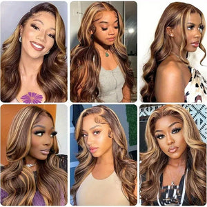 Honey Blonde Ombre Body Wave Human Hair HD Lace Front Wig 13x4 or 5x5, 4/27 Highlight, Glueless, 18-30 Inch, 200%-250% Density