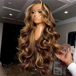 Honey Blonde Ombre Body Wave Human Hair HD Lace Front Wig 13x4 or 5x5, 4/27 Highlight, Glueless, 18-30 Inch, 200%-250% Density