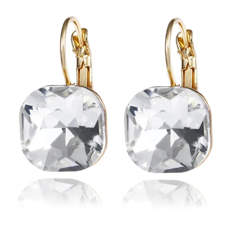 Hot Fashion Gold Color Square Stud Earrings White Pink Blue Green Purple Austrian Crystal Rhinestone Earring For Women Jewelry