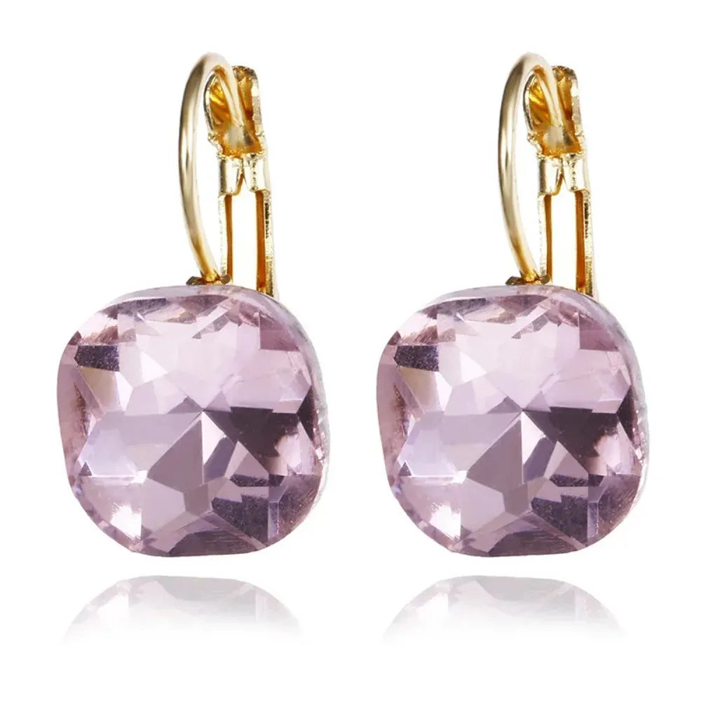 Hot Fashion Gold Color Square Stud Earrings White Pink Blue Green Purple Austrian Crystal Rhinestone Earring For Women Jewelry