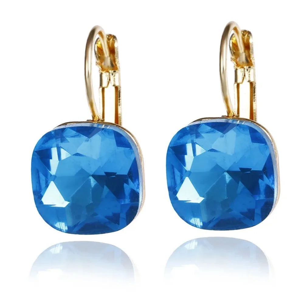 Hot Fashion Gold Color Square Stud Earrings White Pink Blue Green Purple Austrian Crystal Rhinestone Earring For Women Jewelry