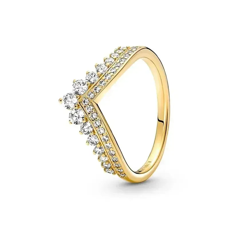 Hot selling 925 sterling silver exquisite gold series ring, sparkling heart-shaped crown ring, fashionable charm jewelry gift