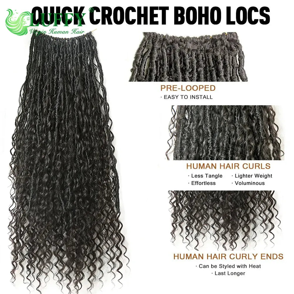 Human Hair Boho Locs Crochet Hair Pre Looped Crochet Boho Dreadlocks Human Hair Curly Ends Braiding Hair Extensions