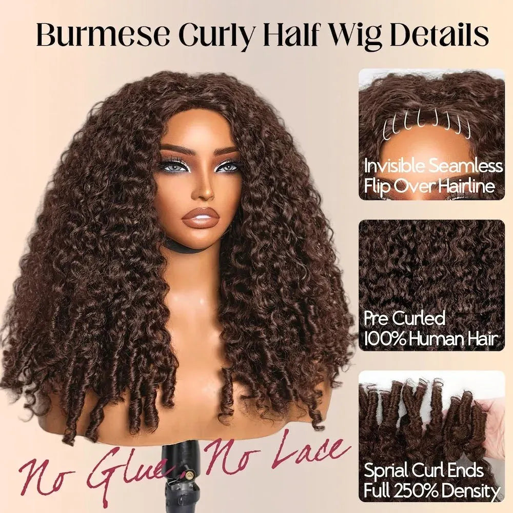 Indian Burmese Curly Half Wig Human Hair Wear Go Glueless Wig Chocolate Brown Seamless Clip Ins Flip Over 3 IN 1 Half Wigs
