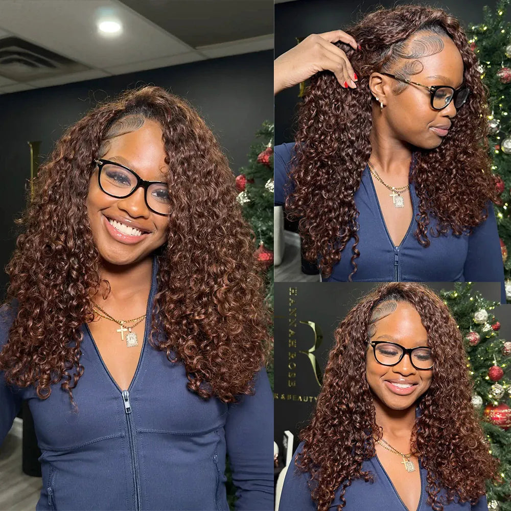 Indian Burmese Curly Half Wig Human Hair Wear Go Glueless Wig Chocolate Brown Seamless Clip Ins Flip Over 3 IN 1 Half Wigs