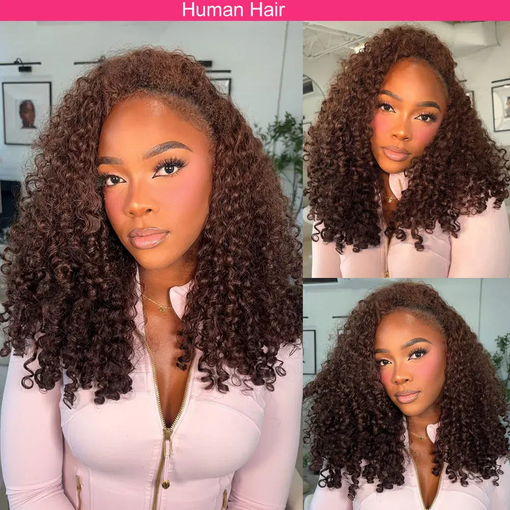 Indian Burmese Curly Half Wig Human Hair Wear Go Glueless Wig Chocolate Brown Seamless Clip Ins Flip Over 3 IN 1 Half Wigs
