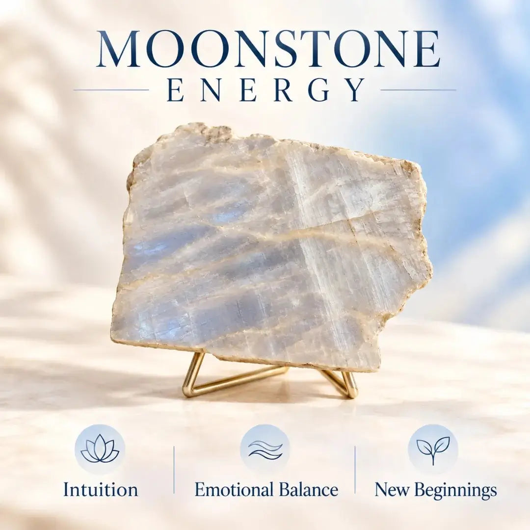 Iridescent Moonstone Slab Raw Crystal Display Stone for Intuition and Emotional Balance