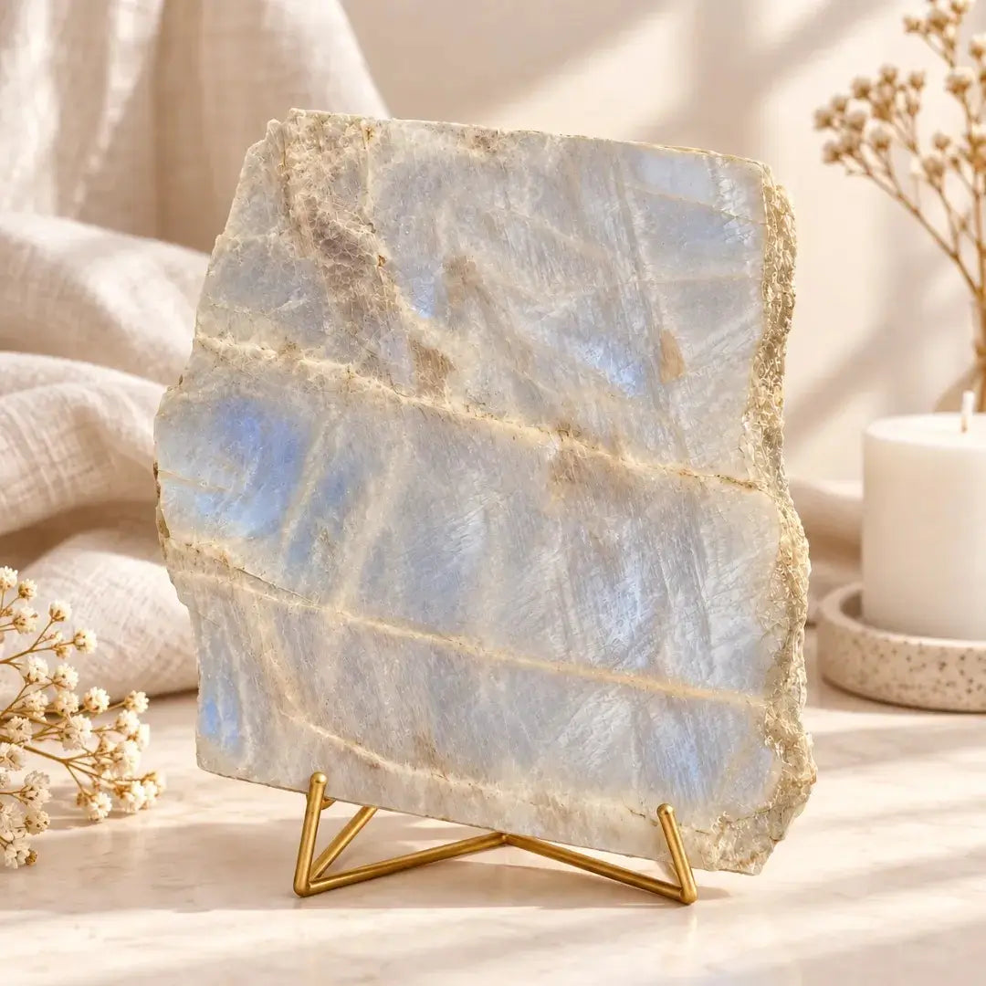 Iridescent Moonstone Slab Raw Crystal Display Stone for Intuition and Emotional Balance