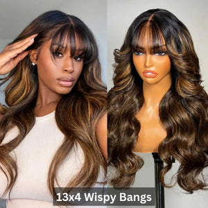 (Iris) 13x4 Transparent Lace Balayage Loose Wave Human Hair Wig With Wispy Bangs Glueless Pre-Everything Style