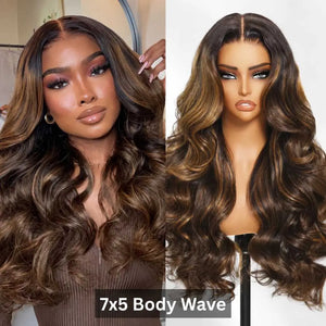 (Iris) 13x4 Transparent Lace Balayage Loose Wave Human Hair Wig With Wispy Bangs Glueless Pre-Everything Style