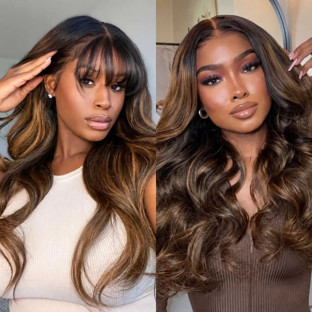 (Iris) 13x4 Transparent Lace Balayage Loose Wave Human Hair Wig With Wispy Bangs Glueless Pre-Everything Style