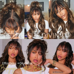 (Iris) 13x4 Transparent Lace Balayage Loose Wave Human Hair Wig With Wispy Bangs Glueless Pre-Everything Style