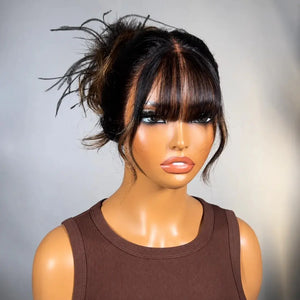 (Iris) 13x4 Transparent Lace Balayage Loose Wave Human Hair Wig With Wispy Bangs Glueless Pre-Everything Style