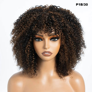 (Iris) Afro Kinky Curly Brazilian Remy Human Hair Wig with Bangs, Short Glueless Wear & Go Style