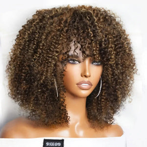 (Iris) Afro Kinky Curly Brazilian Remy Human Hair Wig with Bangs, Short Glueless Wear & Go Style