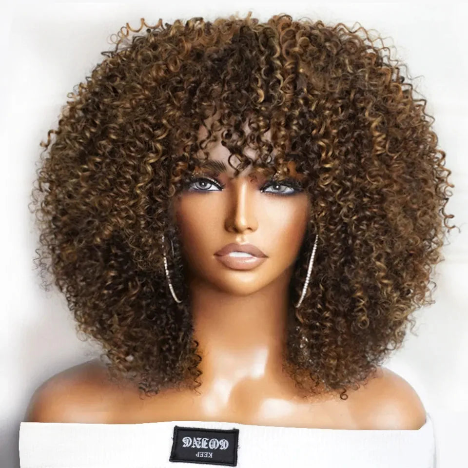 Afro kinky curly Brazilian Remy human hair wig with bangs, short, glueless wear-and-go style, natural look, by HSF Marketplace.