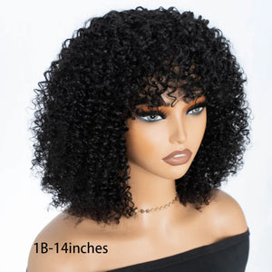 (Iris) Afro Kinky Curly Brazilian Remy Human Hair Wig with Bangs, Short Glueless Wear & Go Style