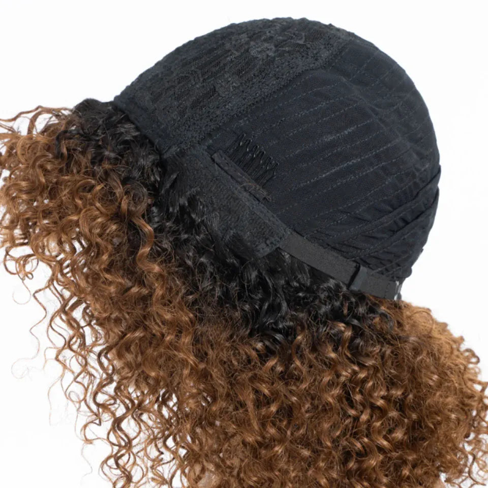 Afro kinky curly Brazilian Remy human hair wig with bangs, short glueless style, natural volume, and easy wear from HSF Marketplace.