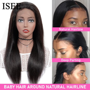 ISEE HAIR 13x6 HD Transparent Lace Front Human Hair Wigs 250 Density Pre-Plucked Malaysian Straight Lace Frontal Wig with Band