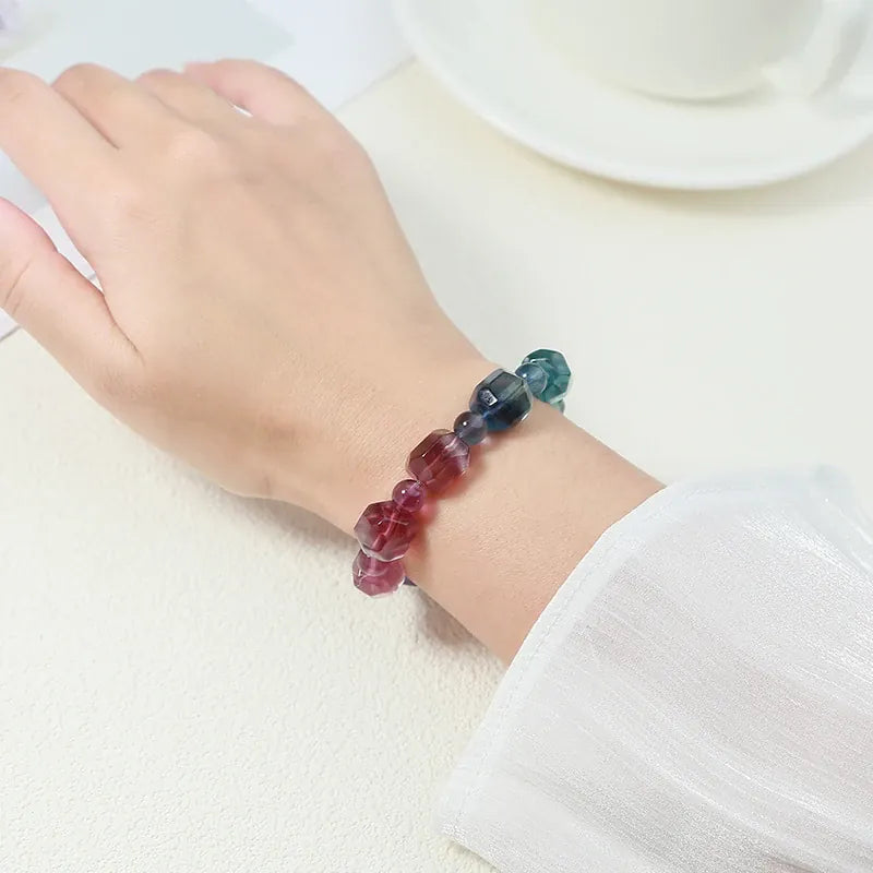 JD Natural Multicolor Fluorite Faceted Irregular Bead Bracelets Women Genuine Luxury Reiki Healing Stretch Bangles Female Gifts