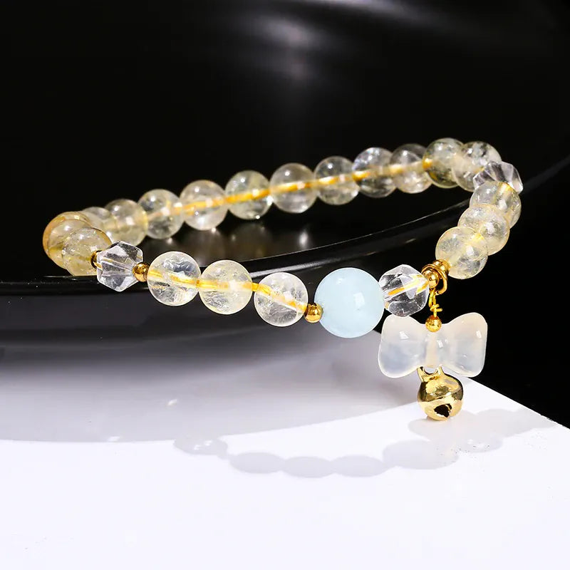 JD Natural Stone Citrine Agate Bow Charm Lucky Bead Bracelet Women Trendy Reiki Healing Handmade Stretch Bracelet Couple Gifts